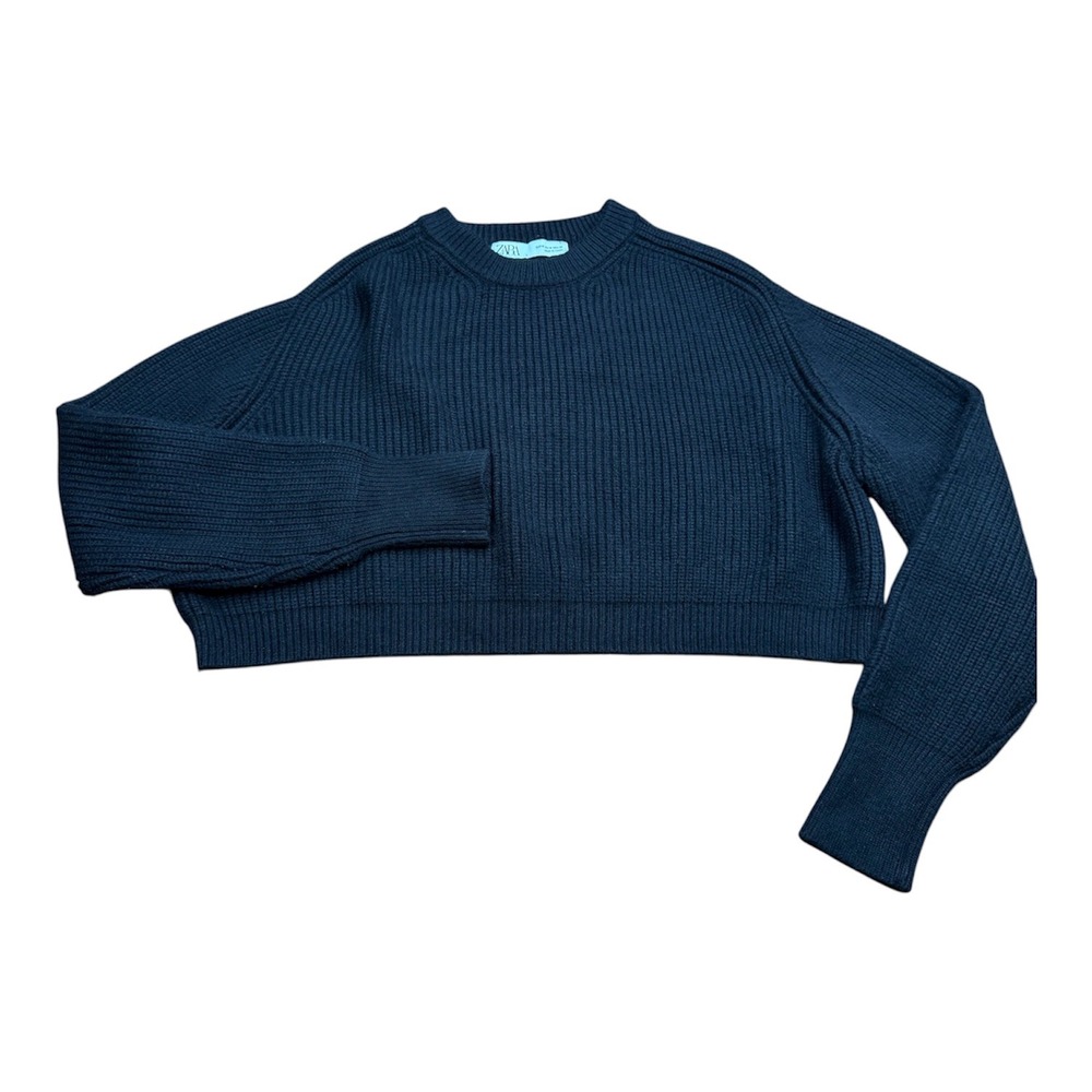Zara‎ Black Ribbed Cropped Knit Sweater Womens Medium Crew Neck